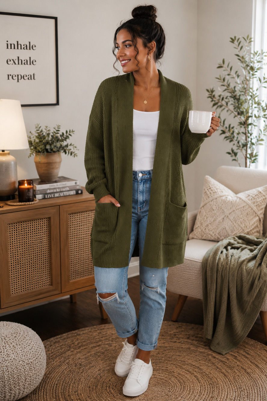 Small Olive Green Open Front Waffle Knit Cardigan Sweater w Pockets